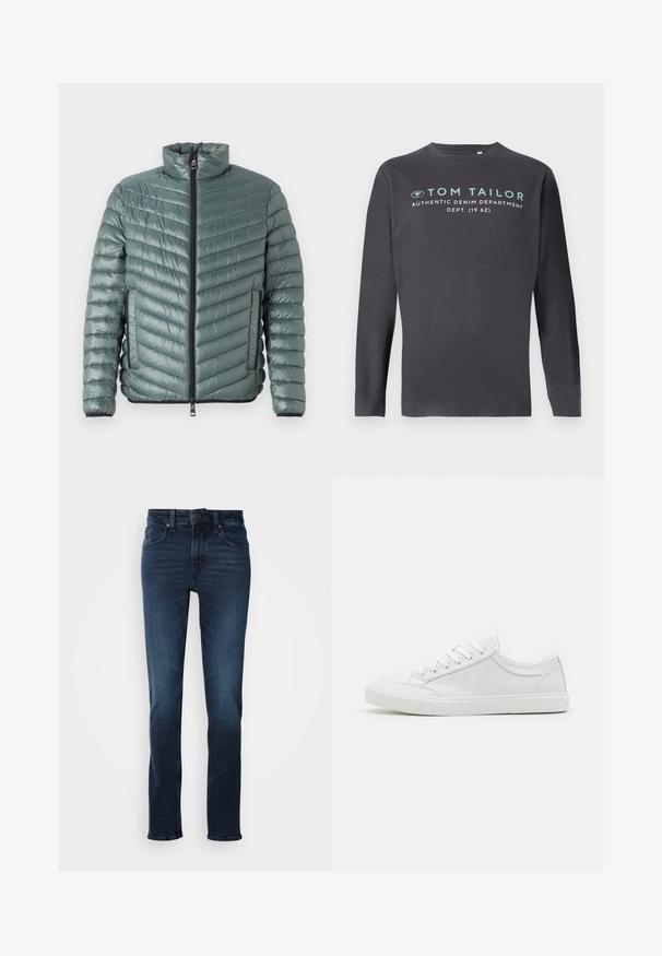 TOM TAILOR LIGHTWEIGHT JACKET - Übergangsjacke - washed jasper green; TOM TAILOR PRINTED - Langarmshirt - tarmac grey; Dunkelblaue Jeans im Denim-Stil mit geradem Schnitt, fünf Taschen, Vorderknopfverschluss und subtilen Verblassungen an den Oberschenkeln.; Weiße Sneakers mit einem Obermaterial aus glattem Leder, runder Zehenpartie, flacher Gummisohle und sechs Ösen für die Schnürsenkel. Subtile Nähdetails, minimalistisches Design.