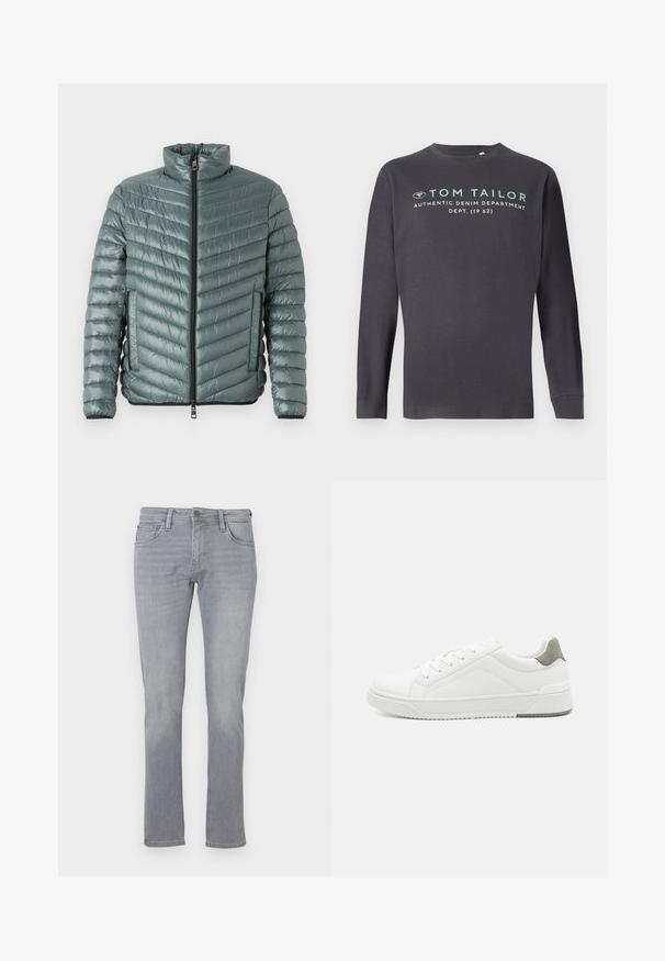 TOM TAILOR LIGHTWEIGHT JACKET - Übergangsjacke - washed jasper green; TOM TAILOR PRINTED - Langarmshirt - tarmac grey; Graue Jeans aus Denim mit geradem Bein, ausgestattet mit einem Frontknopf und einem Reißverschluss, fünf Taschen und subtilen Verwaschungen.; Weißer Sneaker aus glattem Leder, runde Zehenpartie, minimalistisches Design, graue Fersenkante und strukturierte Gummisohle.