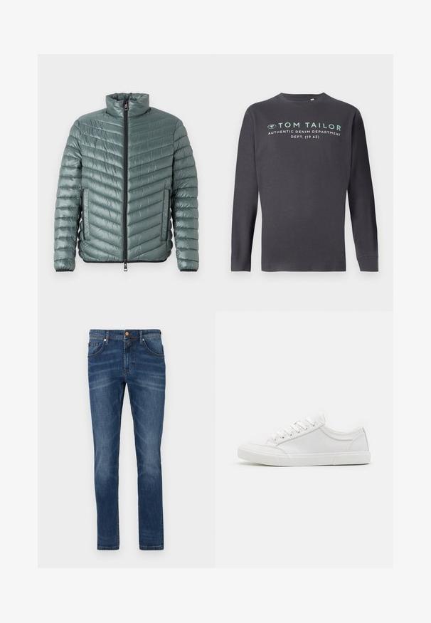 TOM TAILOR LIGHTWEIGHT JACKET - Overgangsjakke - washed jasper green; TOM TAILOR PRINTED - Langærmet T-shirt - tarmac grey; Mørkeblå denim jeans med lige ben, fem lommer, subtile blegetoner, kontrastsyet og knaplukning i taljen.; Hvide sneakers med en glat læderoverdel, rund tå, flad gummisål og seks øjestik til snørebånd. Subtile syninger og minimalistisk design.