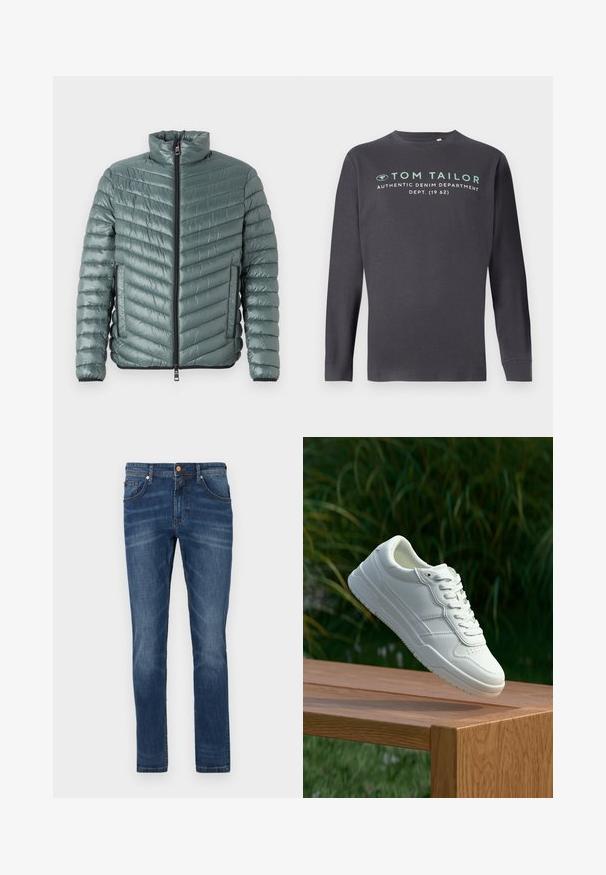 TOM TAILOR LIGHTWEIGHT JACKET - Overgangsjakke - washed jasper green; TOM TAILOR PRINTED - Langærmet T-shirt - tarmac grey; Mørkeblå denim jeans med lige ben, fem lommer, subtile blegetoner, kontrastsyet og knaplukning i taljen.; Hvide lædersneakers med en glat overflade, prydet med perforeret design, klassisk snørering og gummisål, placeret over en træoverflade.