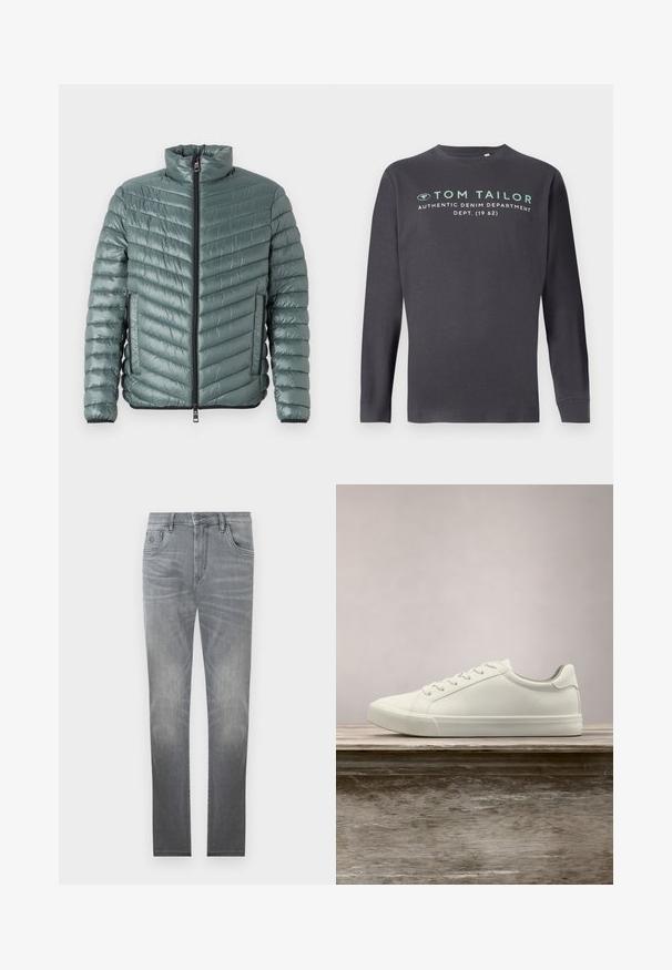 TOM TAILOR LIGHTWEIGHT JACKET - Overgangsjakke - washed jasper green; TOM TAILOR PRINTED - Langærmet T-shirt - tarmac grey; Grå denim jeans med et falmet design, fem-lommer stil, knaplukning og lige ben. Glat tekstur med let slid ved kanterne.; Hvide snørresneakers svævende over en træbænk med grønne planter i baggrunden, der fremhæver skodesign og tekstur.