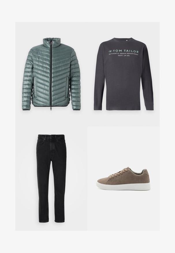 TOM TAILOR LIGHTWEIGHT JACKET - Kerge jope - washed jasper green; TOM TAILOR PRINTED - Pikkade varrukatega topp - tarmac grey; Mustmustest denim püksid sirge jala lõikega, varustatud nööbi ja luku sulgemisega, ees olevate taskute ning peene tekstuuriga.; Pruunid sametist tossud lame valge kummist tallaga, nöörimise disainiga, ümar nina ja siledat tekstuuri. Minimalistlik stiil koos diskreetsete õmblusdetailidega.