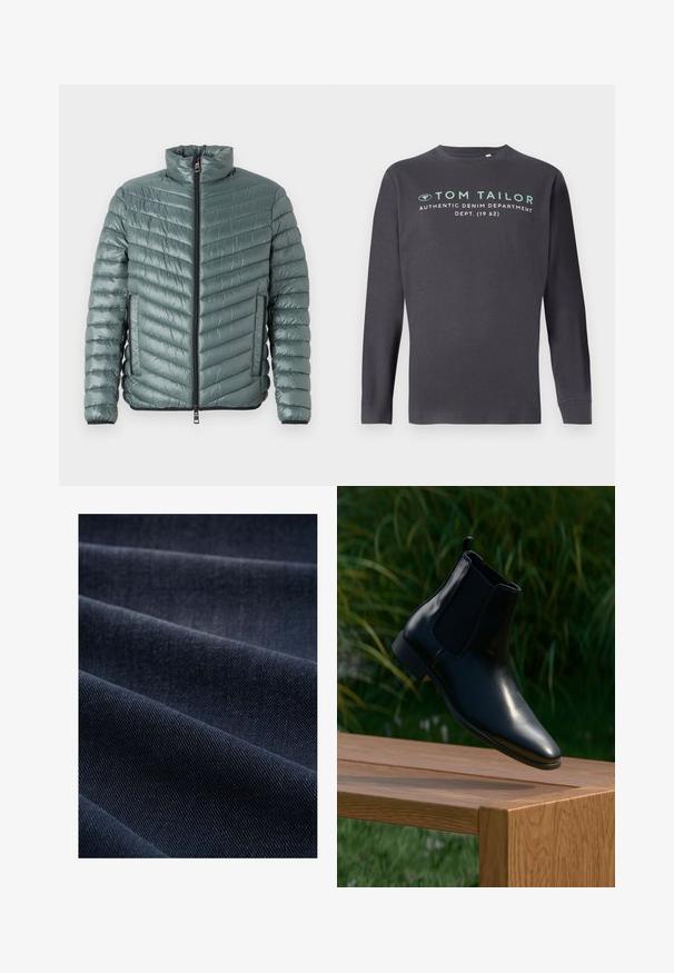 TOM TAILOR LIGHTWEIGHT JACKET - Overgangsjakke - washed jasper green; TOM TAILOR PRINTED - Langærmet T-shirt - tarmac grey; Mørkeblå denimstof med en ribbet tekstur, der viser folder og bølger, hvilket fremhæver dens vægt og holdbarhed.; Sort læder Chelsea-støvle svævende over en træbænk med græs og planter i baggrunden.