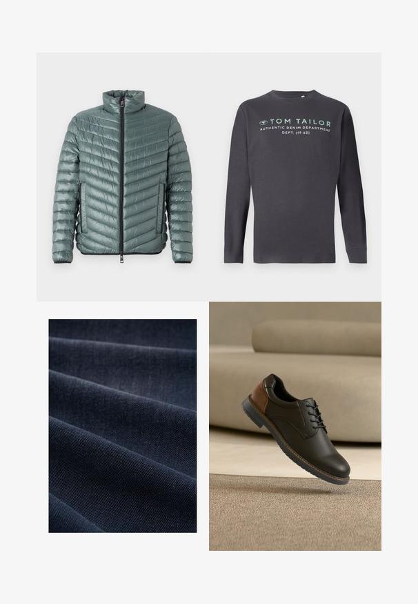 TOM TAILOR LIGHTWEIGHT JACKET - Übergangsjacke - washed jasper green; TOM TAILOR PRINTED - Langarmshirt - tarmac grey; Dunkelblaue Denim-Stoff mit geripptem Muster, das Falten und Wellen zeigt und somit sein Gewicht und seine Strapazierfähigkeit betont.; Schwarzer und brauner Lederschnürschuh, der über einem beigen Teppich mit einem beigen Sofa im Hintergrund schwebt.