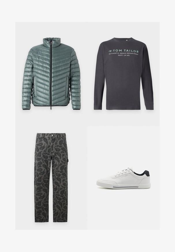 TOM TAILOR LIGHTWEIGHT JACKET - Chaqueta de entretiempo - washed jasper green; TOM TAILOR PRINTED - Camiseta de manga larga - tarmac grey; Pantalones rectos pixelados en negro y gris con bolsillos frontales y cierre de botón.; Zapatillas blancas con una parte superior sintética suave, puntera redonda, diseño de cordones, acento en azul marino en el talón y una suela de goma texturizada con una franja negra.