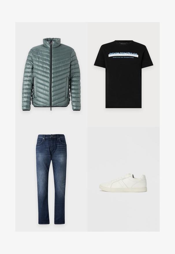 TOM TAILOR LIGHTWEIGHT JACKET - Overgangsjakke - washed jasper green; Sort bomulds T-shirt med rund halsudskæring, med blå og hvid tekst: "DENIM TOM TAILOR grundlagt to tusinde syv."; Mørkeblå denimjeans med lige ben design, der har en falmet vask, fem lommer og synlige stikninger langs sømmene.; Lave hvide lædersneakers med snørebånd og flad gummisål, set fra indersiden på en ensfarvet baggrund.