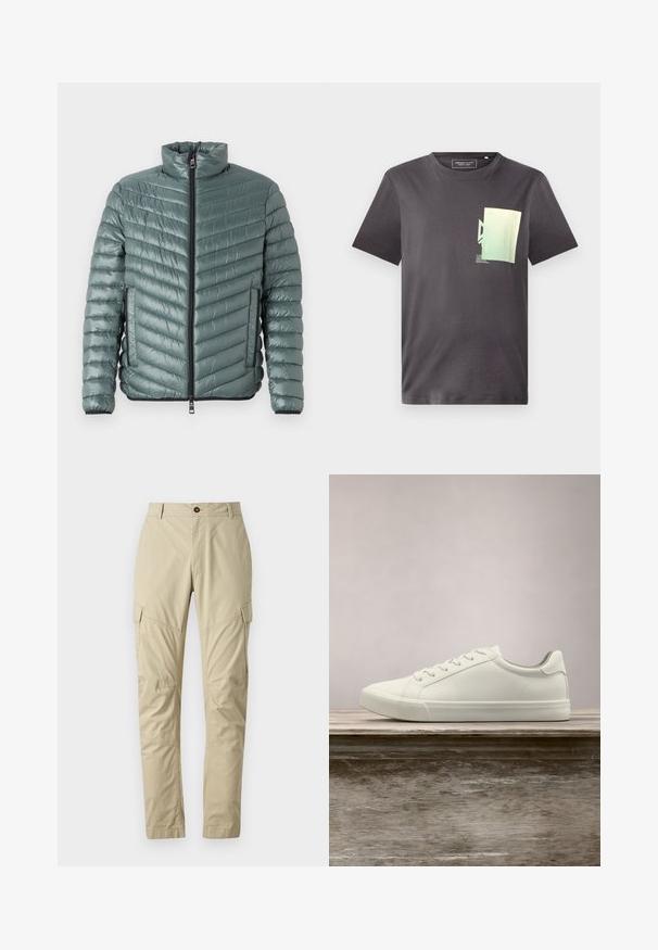 TOM TAILOR LIGHTWEIGHT JACKET - Veste mi-saison - washed jasper green; T-shirt en coton gris avec un col rond, arborant un imprimé graphique minimaliste vert et bleu sur la partie gauche de la poitrine. Manches courtes.; Pantalons cargo beiges en tissu léger, dotés de plusieurs poches, d'une fermeture à bouton et d'un design de jambe fuselée. Texture lisse.; Sneaker en dentelle blanche flottant au-dessus d'un banc en bois avec un feuillage vert en arrière-plan, mettant en valeur le design et la texture de la chaussure.