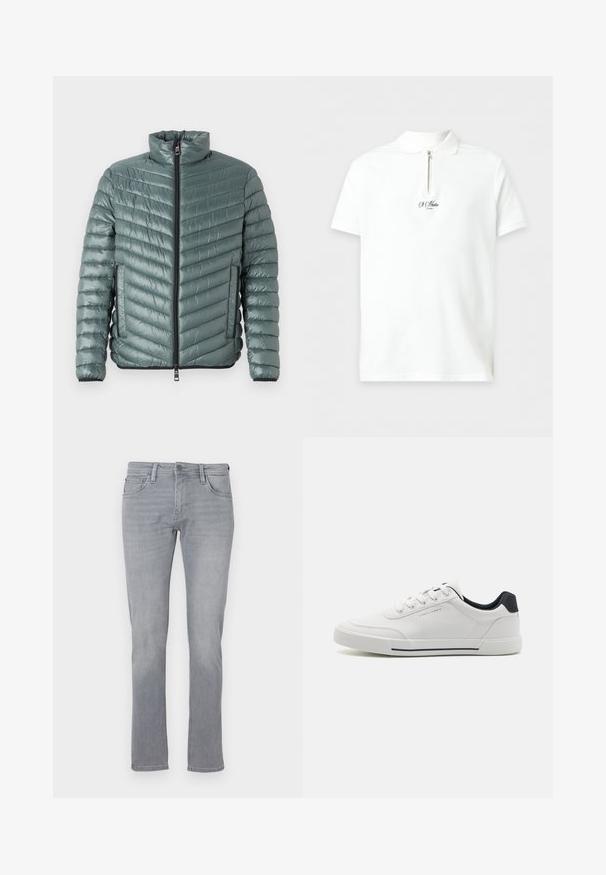 TOM TAILOR LIGHTWEIGHT JACKET - Ľahká bunda - washed jasper green; Biela polokošeľa s krátkym rukávom, so zipsovým golierom a malým čiernym textovým logom "St Martin London" v strede hrude.; Šedé džínsy s rovnými nohavicami, ktoré majú predné zapínanie na gombík a zips, päť vreciek a jemné vyblednutie po celom povrchu.; Biele tenisky s hladkým syntetickým zvrškom, okrúhlou špičkou, šnurovaním, námorníckym akcentom na päte a textúrovanou gumovou podrážkou s čiernym pruhom.