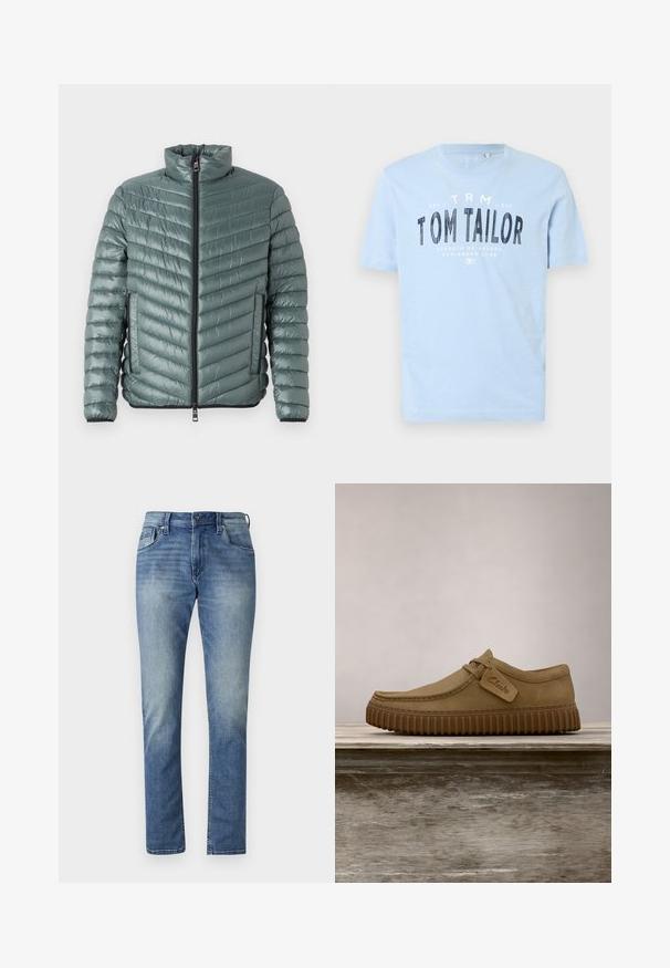 TOM TAILOR LIGHTWEIGHT JACKET - Overgangsjakke - washed jasper green; Lyseblå bomulds t-shirt med rund halsudskæring og korte ærmer. Den har kraftig sort trykt tekst: "TOM TAILOR" samt yderligere brandingdetaljer.; Lyseblå denimjeans med lige pasform, fem lommer og en lysvasket finish. Har en knaplukning og bæltestropper.; Lysebrune ruskindsko med rund tå, syet detaljer og en ribbet brun gummisål. Har et sidemærke med "Clarks" logo.
