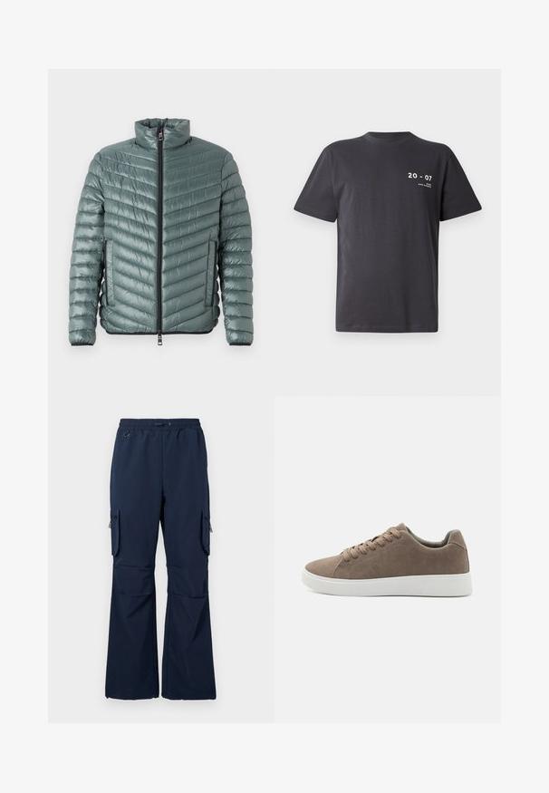 TOM TAILOR LIGHTWEIGHT JACKET - Veste mi-saison - washed jasper green; T-shirt en coton gris foncé, à manches courtes, col rond, avec un texte blanc : "20 - 07" et "JOURS & NUITS À MIAMI" sur le devant.; Pantalons cargo navy en tissu léger avec taille à cordon, deux poches latérales et poches cargo zippées sur les deux jambes.; Baskets en daim marron avec des semelles en caoutchouc blanc plat, design lacé, bout rond et texture lisse. Style minimaliste avec des détails de couture subtils.