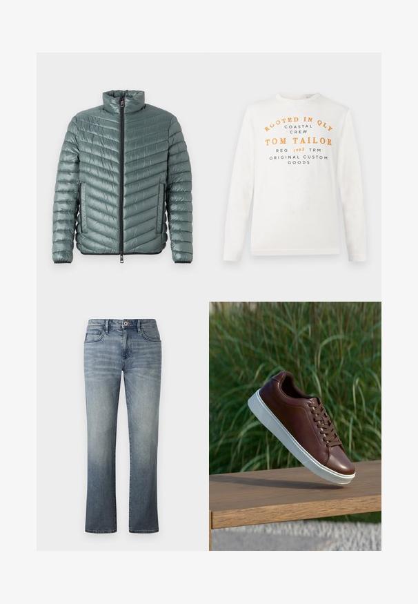 TOM TAILOR LIGHTWEIGHT JACKET - Ľahká bunda - washed jasper green; Bielej košeli s dlhým rukávom s oranžovým a čiernym textom "Rooted in QLY Coastal Crew Tom Tailor Reg 1962 TRM Original Custom Goods" na prednej strane.; Svetlo umývané džínsy s rovnými nohavicami, päť vreciek, kovová gombíková príprava a jemné vyblednuté detaily.; Hnedé kožené tenisky s bielou gumovou podrážkou, viazanie, hladká textúra, zaoblená špička a nenápadné detaily šitia.