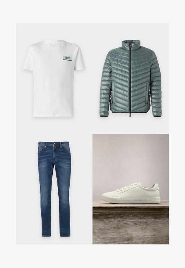 TOM TAILOR LIGHTWEIGHT JACKET - Ελαφρύ μπουφάν - washed jasper green; Λευκό βαμβακερό t-shirt με μικρό μπλε και μαύρο λογότυπο στο στήθος. Ο σχεδιασμός είναι απλός με στρογγυλή λαιμόκοψη και κοντά μανίκια.; Σκούρες μπλε τζιν παντελόνι με ίσια γραμμή, πέντε τσέπες, διακριτική φθορά, αντίθετες ραφές και κουμπί στη μέση.; Λευκά sneakers με κορδόνια που αιωρούνται πάνω από ξύλινο παγκάκι με πράσινη βλάστηση στο φόντο, επιδεικνύοντας το σχέδιο και την υφή του παπουτσιού.