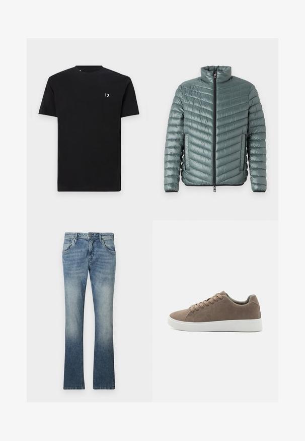 TOM TAILOR LIGHTWEIGHT JACKET - Übergangsjacke - washed jasper green; Schwarz Baumwoll-T-Shirt mit kurzen Ärmeln, rundem Halsausschnitt und einem kleinen weißen Logo auf der linken Brustseite. Glatte Textur, schlichtes Design.; Helleblaue Bootcut-Jeans aus Denim mit einem Farbverlauf, Fünf-Taschen-Design, Metallknopfverschluss und sichtbarem Stich entlang der Nähte.; Braune Wildledersneaker mit flachen weißen Gummisohlen, Schnürdesign, abgerundete Zehen und einer glatten Textur. Minimalistischer Stil mit dezenten Nähdetails.
