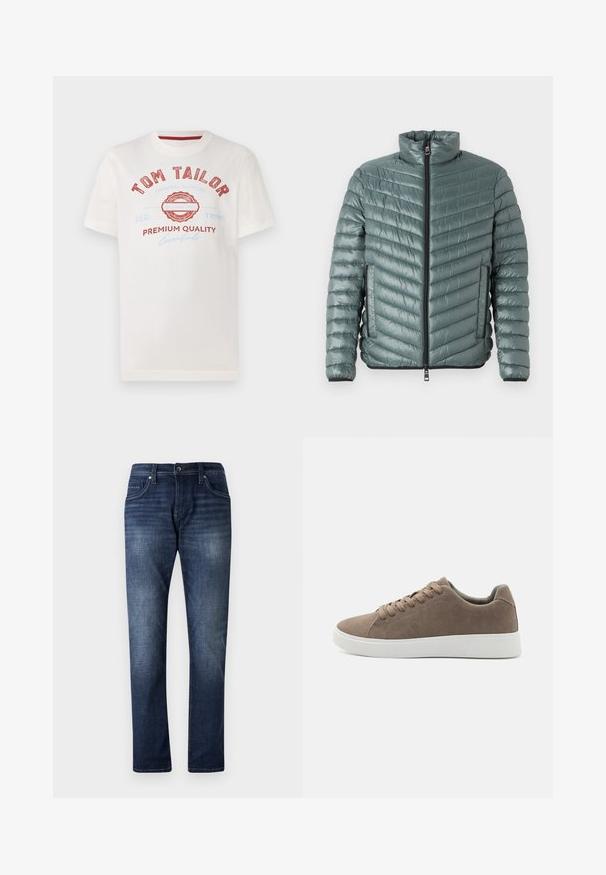 TOM TAILOR LIGHTWEIGHT JACKET - Veste mi-saison - washed jasper green; T-shirt en coton blanc avec impression rouge et bleue portant "TOM TAILOR", un logo circulaire et le texte "QUALITÉ PREMIUM" dans différentes polices.; Jean en denim bleu foncé avec une coupe droite, présentant un effet délavé, cinq poches et des coutures visibles le long des coutures.; Baskets en daim marron avec des semelles en caoutchouc blanc plat, design lacé, bout rond et texture lisse. Style minimaliste avec des détails de couture subtils.