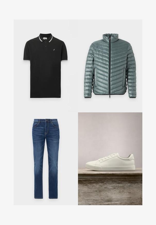 TOM TAILOR LIGHTWEIGHT JACKET - Veste mi-saison - washed jasper green; Polo noir à manches courtes avec bordure blanche sur le col et les manches, patte de boutonnage à deux boutons, et petit logo gris d'oiseau sur la poitrine gauche.; Jean en denim bleu foncé avec une coupe droite classique, un design à cinq poches et un léger effet décoloré sur les jambes. Dispose d'une fermeture à bouton et glissière.; Sneaker en dentelle blanche flottant au-dessus d'un banc en bois avec un feuillage vert en arrière-plan, mettant en valeur le design et la texture de la chaussure.