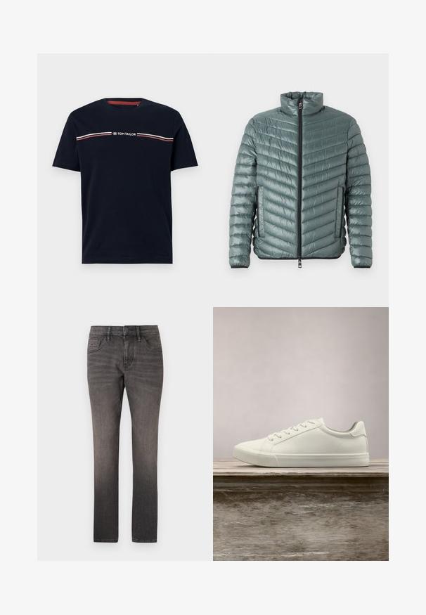 TOM TAILOR LIGHTWEIGHT JACKET - Overgangsjakke - washed jasper green; Marineblå bomulds-t-shirt med korte ærmer og rund halsudskæring, med en hvid og rød horisontal stribedetalje og "TOM TAILOR" logo.; TOM TAILOR JOSH - Jeans Straight Leg - used dark stone black denim; Hvide snørresneakers svævende over en træbænk med grønne planter i baggrunden, der fremhæver skodesign og tekstur.