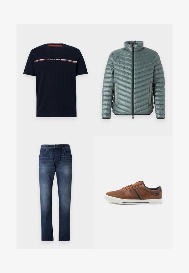 TOM TAILOR LIGHTWEIGHT JACKET - Ľahká bunda - washed jasper green; Námornícky modré bavlnené tričko s krátkymi rukávmi a okrúhlym výstrihom, s bielym a červeným vodorovným pruhom a logom "TOM TAILOR".; Tmavomodré deninové džínsy so strihom rovného nohavicu, ktoré majú vyblednutý vzhľad, päť vreciek a viditeľné švy na švoch.; Hnedé kožené tenisky s hladkou textúrou, bielou gumovou podrážkou, čiernymi akcentmi a dekoratívnym prešívaním so bočnými pruhmi.