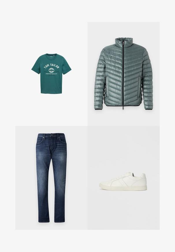 TOM TAILOR LIGHTWEIGHT JACKET - Übergangsjacke - washed jasper green; Türkisfarbiges T-Shirt mit kurzen Ärmeln aus Baumwolle, mit Rundhalsausschnitt und weißem Drucktext "TOM TAILOR" sowie Designdetails auf der Vorderseite.; Dunkelblaue Jeans aus Denim mit geradem Bein, versehen mit einer hellen Waschanlage, fünf Taschen und sichtbaren Nähten entlang der Nähte.; Niedrig geschnittenen weißen Ledersneaker mit Schnürverschluss und flacher Gummisohle, von der Innenseite auf einem schlichten Hintergrund betrachtet.