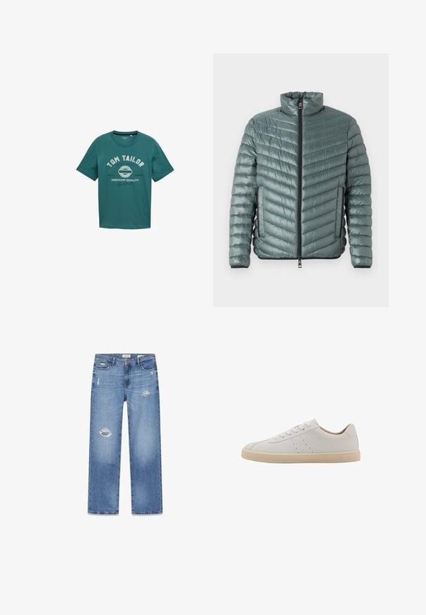 TOM TAILOR LIGHTWEIGHT JACKET - Übergangsjacke - washed jasper green; Türkisfarbiges T-Shirt mit kurzen Ärmeln aus Baumwolle, mit Rundhalsausschnitt und weißem Drucktext "TOM TAILOR" sowie Designdetails auf der Vorderseite.; Hellblaue Jeans mit geradem Bein, abgenutzten Rissen am linken Oberschenkel und rechten Knie, 5-Taschen-Stil, Knopf- und Reißverschluss; Weißer Ledersneaker mit glatter Textur, abgerundeter Kappe, flachem Schnürdesign und beiger Gummisohle. Kleine Perforationen für Belüftung.