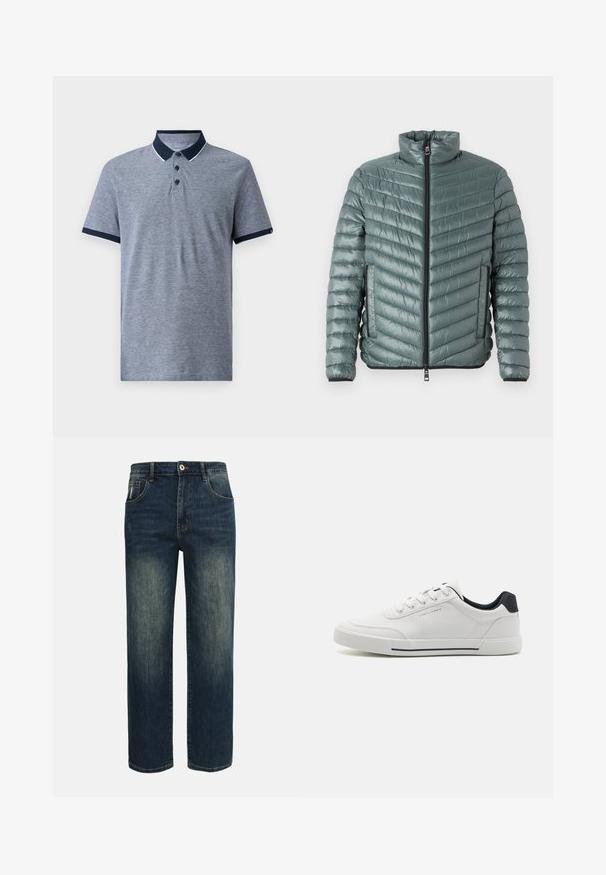 TOM TAILOR LIGHTWEIGHT JACKET - Chaqueta de entretiempo - washed jasper green; Polo de manga corta gris con cuello y puños en azul marino. Presenta tres botones negros y una sutil textura jaspeada.; Jeans azul oscuro de pierna recta con ligero desgaste en la parte frontal de los muslos, cinco bolsillos y cierre de botón en la cintura.; Zapatillas blancas con una parte superior sintética suave, puntera redonda, diseño de cordones, acento en azul marino en el talón y una suela de goma texturizada con una franja negra.