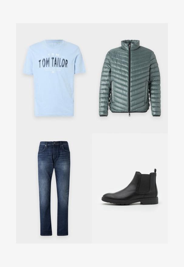 TOM TAILOR LIGHTWEIGHT JACKET - Jas - washed jasper green; Lichtblauwe katoen t-shirt met een ronde halslijn en korte mouwen. Het heeft vetgedrukte zwarte tekst: "TOM TAILOR" en extra merkdetails.; Donkerblauwe denim jeans met een rechte pijpdesign, voorzien van een vervaagde wassing, vijf zakken en zichtbare stiksels langs de naden.; Zwarte leren Chelsea-boot met elastische zijpanelen en een trekhaak, met een ronde neus en een gestructureerde rubberen zool.