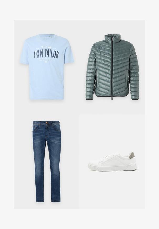TOM TAILOR LIGHTWEIGHT JACKET - Übergangsjacke - washed jasper green; Hellblaues Baumwoll-T-Shirt mit rundem Ausschnitt und kurzen Ärmeln. Es hat fettgedruckten, schwarzen Text: "TOM TAILOR" und weitere Branding-Details.; Dunkelblaue Jeans aus Denim mit geradem Bein, fünf Taschen, dezente Verwaschungen, kontrastierende Nähte und einem Knopfverschluss an der Taille.; Weißer Sneaker aus glattem Leder, runde Zehenpartie, minimalistisches Design, graue Fersenkante und strukturierte Gummisohle.