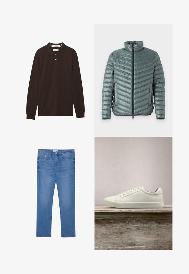 TOM TAILOR LIGHTWEIGHT JACKET - Chaqueta de entretiempo - washed jasper green; Camisa polo de manga larga en algodón marrón oscuro, con cuello, tapeta de tres botones y acentos de rayas blancas. Textura suave.; Jeans de mezclilla azul claro con corte recto, diseño de cinco bolsillos, un ligero desgaste y detalles en metal en la cintura y los bolsillos.; Zapatilla blanca con cordones flotando sobre un banco de madera con follaje verde al fondo, mostrando el diseño y la textura del zapato.