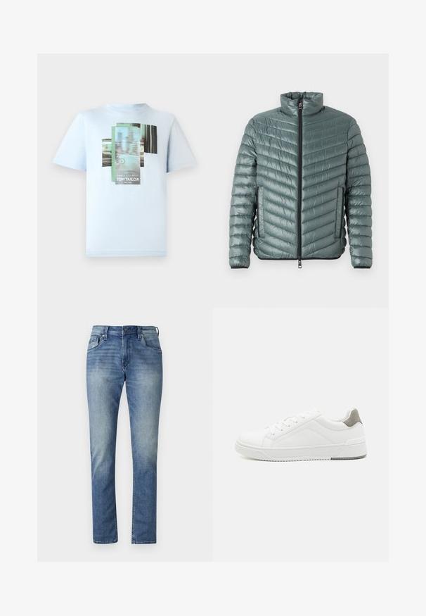 TOM TAILOR LIGHTWEIGHT JACKET - Overgangsjakke - washed jasper green; TOM TAILOR T-shirts print - light metal blue; Lyseblå denimjeans med lige pasform, fem lommer og en lysvasket finish. Har en knaplukning og bæltestropper.; Hvid sneaker lavet af glat læder, rund tå, minimalistisk design, grå hælafsats og tekstureret gummisål.