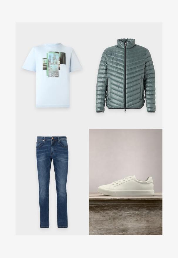 TOM TAILOR LIGHTWEIGHT JACKET - Übergangsjacke - washed jasper green; TOM TAILOR T-Shirt print - light metal blue; Dunkelblaue Jeans aus Denim mit geradem Bein, fünf Taschen, dezente Verwaschungen, kontrastierende Nähte und einem Knopfverschluss an der Taille.; Weiße Schnürsneaker, die über einer Holzbank mit grünem Laub im Hintergrund schweben und das Schuhdesign sowie die Textur zeigen.