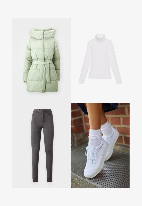 Hele roheline pufferjope, millel on vööga vöökoht, kõrge krae ja horisontaalne tikitud tekstuur, millel on sile ja läikiv kangas.; Valge pikkade varrukate turtleneck-särk, mis on valmistatud siledast ja venivast kangast. Omab kõrget kraed ja keha lähedast lõiget, ilma nähtavate mustrite või kaunistusteta.; Kõrge vöökohaga tumehallid kitsad teksapüksid esikülje ja tagataskutega, nööpidega kinnituvad ning nähtavate õmblustega.; Valged kanvas tennisikud kummitaldadega, kuue silmaga, ümmarguse varbaga ja kergete tikandite detailidega, koos valgete pahkluusokkidega.