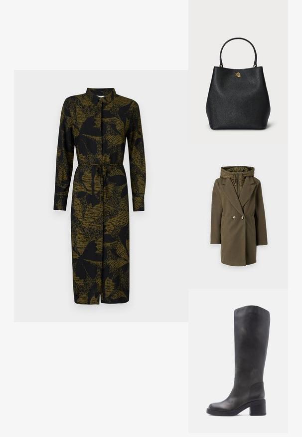 Vero Moda VMGRACE - Talvitakki - grape leaf; JDY JDYLIZA SHIRT DRESS - Paitamekko - winter moss; Polvihihnallinen musta nahkasaapas, jossa pyöreä kärki, lohkokorko ja vähän saumoja sileällä pääliosalla.; Musta keinonahkainen olkipussi, jossa on teksturoitu pinta, kaareva muoto ja kullanvärinen logo edessä. Varustettu kahdella tukevalla kahvalla.