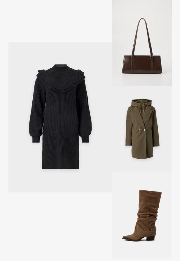 Vero Moda VMGRACE - Χειμωνιάτικο παλτό - grape leaf; Μαύρο πλεκτό φόρεμα με ριγωτή υφή, διαθέτει φαρδιά ριχτή λαιμόκοψη και μακριά, φουσκωτά μανίκια, που τελειώνουν πάνω από το γόνατο.; Καφέ χαλαρή μπότα μέχρι τη μέση της γάμπας με μυτερή μύτη, χαμηλό χοντρό τακούνι και διακοσμητικό λουράκι με αγκράφα κοντά στον αστράγαλο σε λευκό φόντο.; Καφέ πατεντωμένη δερμάτινη τσάντα σε ορθογώνιο σχήμα, με δύο μακριές λαβές και λεπτές καμπύλες λεπτομέρειες στο μπροστινό μέρος.