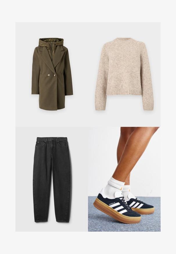 Vero Moda VMGRACE - Zimný kabát - grape leaf; Béžový pletený sveter s okrúhlym výstrihom, dlhými rukávmi a rebrovanými manžetami. Vyrobený z textúrovanej zmesi vlny s jemnými škvrnami.; Čierne riflové nohavice s priamym strihom nohavíc, obsahujúce päť vreciek, zapínanie na gombík a minimálne šitie. Klasický dizajn a textúra.; Nohy v bielych ponožkách a čiernych teniskách Adidas Gazelle s bielymi pruhmi a hrubými hnedými podrážkami na sivom koberci.