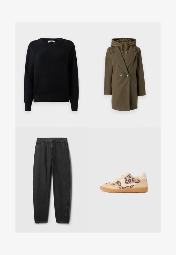 Vero Moda VMGRACE - Vinterfrakke - grape leaf; Sort striktrøje med rund halsudskæring, lange ærmer og ribbede manchetter og kant. Blød tekstur, ingen synlige mønstre eller hardware.; Sorte denimjeans med straight-leg pasform, der har fem lommer, knaplukning og minimal syningsdetalje. Klassisk design og tekstur.; Leopardprint sneakers med beige ruskindsoverdel, tan gummisål og hvide detaljer. Rund pegefinger og snørebåndsdesign med en tekstureret finish.