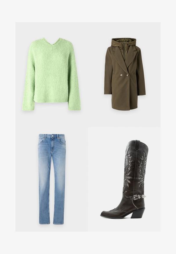Vero Moda VMGRACE - Χειμωνιάτικο παλτό - grape leaf; Ανοιχτό πράσινο, υφαντό πουλόβερ με V λαιμόκοψη, μακριά μανίκια και άνετη εφαρμογή. Το ύφασμα έχει μια μαλακή, υπέροχη εμφάνιση.; Ανοιχτό μπλε τζιν παντελόνι με ίσια γραμμή, που διαθέτει πέντε τσέπες, κουμπί μπροστά και ελαφριά φθορά σε όλη την ύφανση.; Μαύρη δερμάτινη καουμπόικη μπότα με διακοσμητικές περικοπές, ασημένια πόρπη και κεκλιμένο τακούνι, εμφανιζόμενη σε λευκό φόντο.