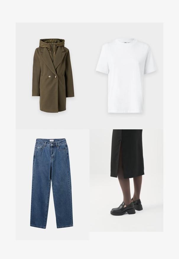 Vero Moda VMGRACE - Wintermantel - grape leaf; Weißes Baumwoll-T-Shirt mit Rundhalsausschnitt, kurzärmlig und mit glatter Textur. Entworfen mit einer lockeren Passform für Komfort und Vielseitigkeit.; Klassische blaue Denim-Jeans mit geradem Bein, fünf Taschen und Knopfverschluss. Sie verfügen über eine mittelblau gewaschene Optik und sind aus robuster Textur.; Frau trägt schwarze Loafers mit klobigem Absatz, schwarze transparente Strumpfhosen und einen schwarzen Rock mit Schlitz hinten vor weißem Hintergrund.
