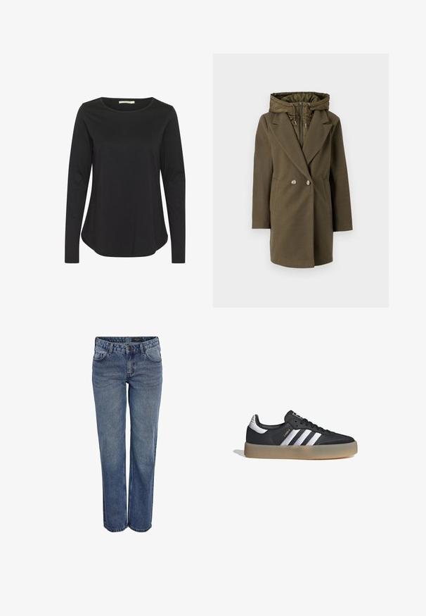 Vero Moda VMGRACE - Abrigo de invierno - grape leaf; Camisa negra de manga larga con cuello redondo. Hecha de una tela suave y lisa; presenta un ajuste relajado y un dobladillo curvado.; Jeans de denim azul con corte recto, que presentan un diseño clásico de cinco bolsillos, costuras sutiles y un cierre de botones.; Zapatilla deportiva de cuero negro con tres rayas plateadas, punta texturizada y suela de goma. Cuenta con un collar acolchado y un diseño con cordones.