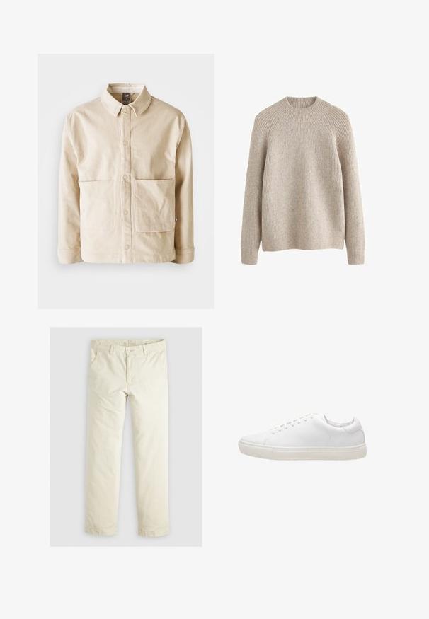 Beige corduroy jas met een kraag, drukknopen aan de voorkant en twee grote voorzakken, plat weergegeven op een witte achtergrond.; Licht beige geribde trui met een hoge, ronde hals en lange mouwen. Zachte textuur en een relaxte pasvorm, met raglan schoudernaden.; Lichtbeige losse broek met drie zakken, riemlussen en een recht model. Gemaakt van een zachte katoenmix.; Witte leren sneaker met een gladde textuur, ronde neus, vetersluiting en een platte rubberen zool. Minimalistisch ontwerp zonder zichtbare patronen.