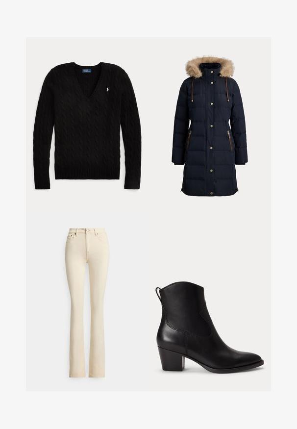 Long manteau d’hiver matelassé noir avec boutons sur le devant, poches zippées et capuche avec bordure en fourrure marron clair et cordons.; Pull noir torsadé à col en V, manches longues, avec un petit logo blanc Polo Ralph Lauren sur la poitrine gauche.; Jean évasé beige avec une taille haute, deux poches avant et une fermeture par bouton. Texture lisse et détails de couture minimalistes.; Bottine noire en cuir avec un petit talon bloc, un bout arrondi et une languette à l'arrière sur fond blanc uni.