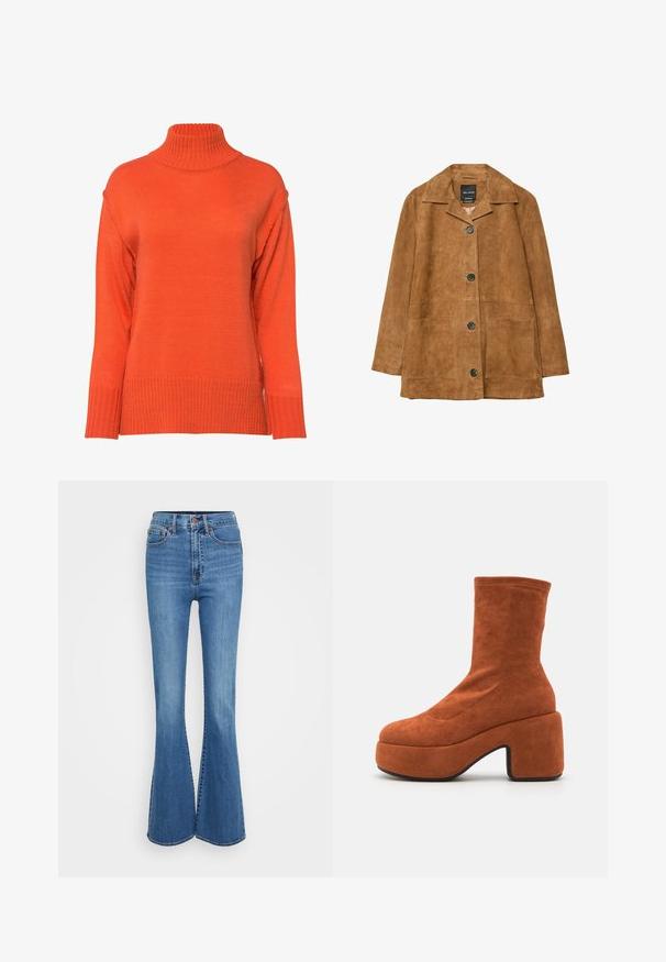 Brun ruskind læderjakke med fire sorte knapper, bred krave og to forreste klaplommer.; Turtleneck sweater i lys orange, med ribbet tekstur, sænkede skuldre og en løs pasform med brede manchetter.; Blå denim jeans med bredde i bunden og høj talje, med stiklommer, metalknap og en glat struktur. Klassisk fem-lommes design.; Brune ruskind ankelstøvler med blokhæl og platformssål. Overdelen har en glat tekstur og syninger, der strækker sig til midten af læggen.