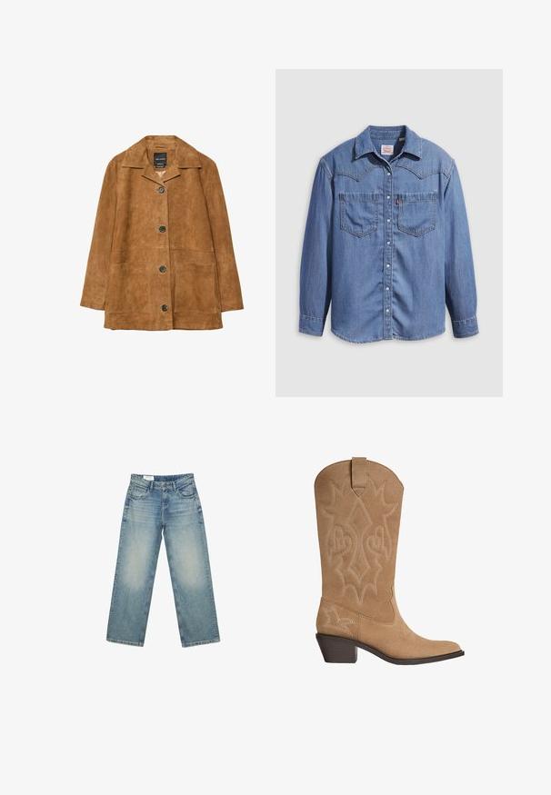 Brun ruskind læderjakke med fire sorte knapper, bred krave og to forreste klaplommer.; Lyseblå denimskjorte med spidst krave, to brystlommer og trykknapper. Har et western-inspireret stykke på skuldrene.; Lyseblå straight-leg denimjeans med forlommer, bæltestropper og knaplukning, vist på en hvid baggrund.; Tan ruskinds cowboy støvle med broderede dekorative stikninger, mellemhøj stablet hæl og trækkrog på skaftet.