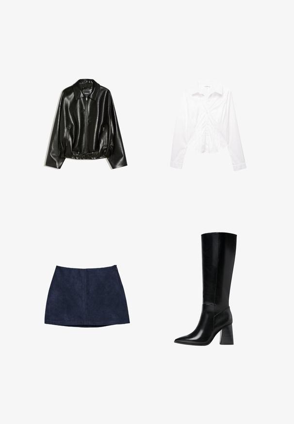 Zwarte jas van nep leer met rits en kraag, voorzakken met rits en tailleband met riemdetail van Bershka.; Witte blouse met lange mouwen, knoopsluiting, kraag, slim fit en manchetten, plat liggend op een witte achtergrond weergegeven.; Navyblauwe suède minirok met centrale naad en ritssluiting aan de zijkant, plat gelegd op een witte achtergrond.; Zwarte leren laarzen tot de knie met een spitse neus, een gladde textuur en een chunky gegroefde hak voor stabiliteit. Strak ontwerp met minimale accenten.