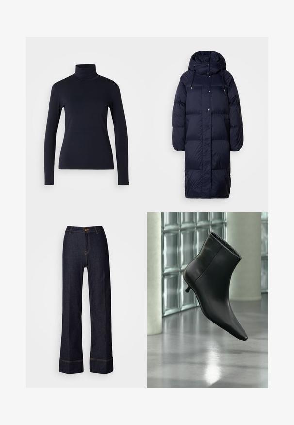 Manteau long matelassé bleu marine avec capuche, doté d'une fermeture éclair à l'avant, de boutons pression et de poches latérales. Texture lisse et brillante.; Haut à col roulé bleu marine à manches longues. Fabriqué en tissu doux avec une texture lisse. Présente un design ajusté et un col haut sans coutures visibles.; Pantalons large en denim foncé à taille haute, avec une fermeture à bouton sur le devant et des accents de couture orange. Texture lisse sur l'ensemble.; Bottine en cuir noir à bout pointu et petit talon kitten, présentée en angle devant un sol poli et un mur en blocs de verre.