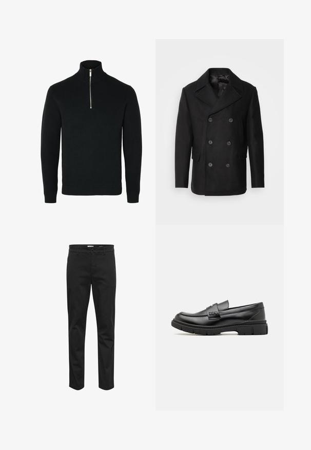 Isaac Dewhirst NEW SHORT PEACOAT SIDE ENTRY - Übergangsjacke - black; Schwarzer langärmeliger Strickpullover mit einem gerippten hohen Kragen und einem silberfarbenen Halbreißverschluss in der vorderen Mitte.; Schwarze Baumwoll-Chinos mit geradem Bein, ausgestattet mit einem Frontknopfverschluss, Gürtelschlaufen und seitlichen Taschen für Funktionalität.; Schwarze Lederloafer mit einem breiten Riemen über dem Rist, Gummisohle mit dicken Profilen und glatter Textur. Klassisches, schlankes Design.