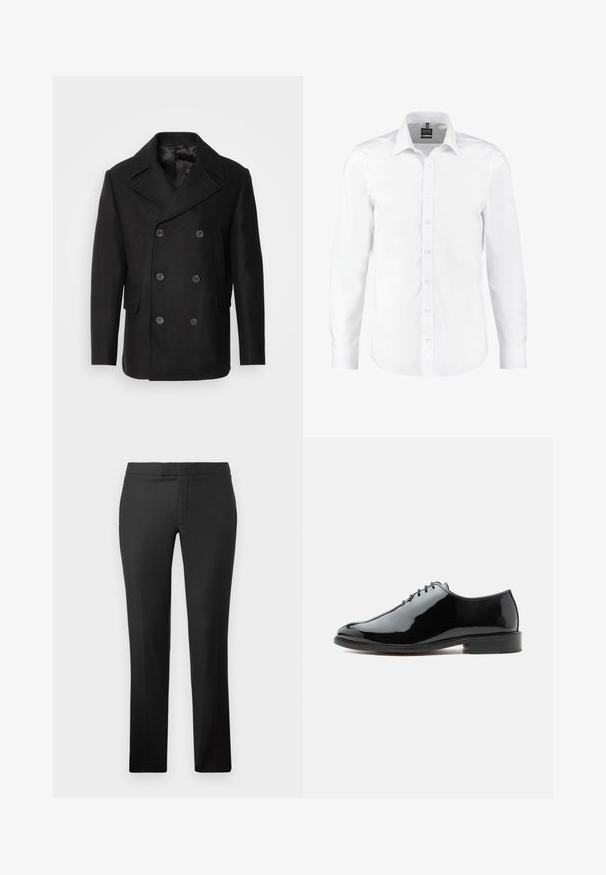 Isaac Dewhirst NEW SHORT PEACOAT SIDE ENTRY - Overgangsjakke - black; Hvid langærmet skjorte lavet af glat stof, med klassisk krave, knaplukning foran og manchetter med enkeltknapper. Ingen mønstre eller detaljer.; Sorte lige bukser lavet af glat stof, med flad front, ingen synlige lommer og et rent talje-design.; Sort blank læderpumps med lukket snøring, lav hæl og glat rundet tå, vist fra ydersiden på en ensfarvet baggrund.