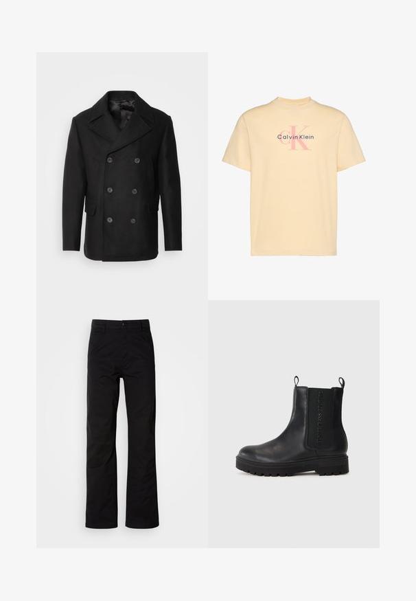 Isaac Dewhirst NEW SHORT PEACOAT SIDE ENTRY - Kerge jope - black; Beež lühikeste varrukatega t-särk, mille ees keskel on prinditud roosa ja must Calvin Kleini logo.; Mustad puuvillased püksid sirge jala lõikega, varustatud nööpkinni ja vöökonksudega. Sile tekstuur ja minimalistlik stiil ilma nähtavate mustriteta.; Mustad mustad Chelsea saapad, millel on ümmargune varvas, elastsed külgpaneelid, tõmbenöörid ja tükiline kummitald, millel on selgelt väljendunud kummipind.