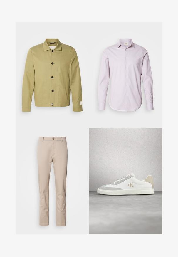 Veste vert olive clair en lin, présentant une coupe droite, des boutons noirs et une étiquette sur la manche. Aucun motif ni ornement visible.; Chemise à manches longues rose clair avec de petits pois blancs, col boutonné et ourlet arrondi. Fabriquée en tissu lisse avec un subtil éclat.; Chinos en coton beige avec une coupe droite, passants de ceinture, un unique bouton frontal et une surface lisse, sans texture. Aucune poche n'est visible.; Baskets blanches Calvin Klein avec accents en daim beige et logo, flottant au-dessus d'un sol gris lisse avec un mur en blocs de verre en arrière-plan.