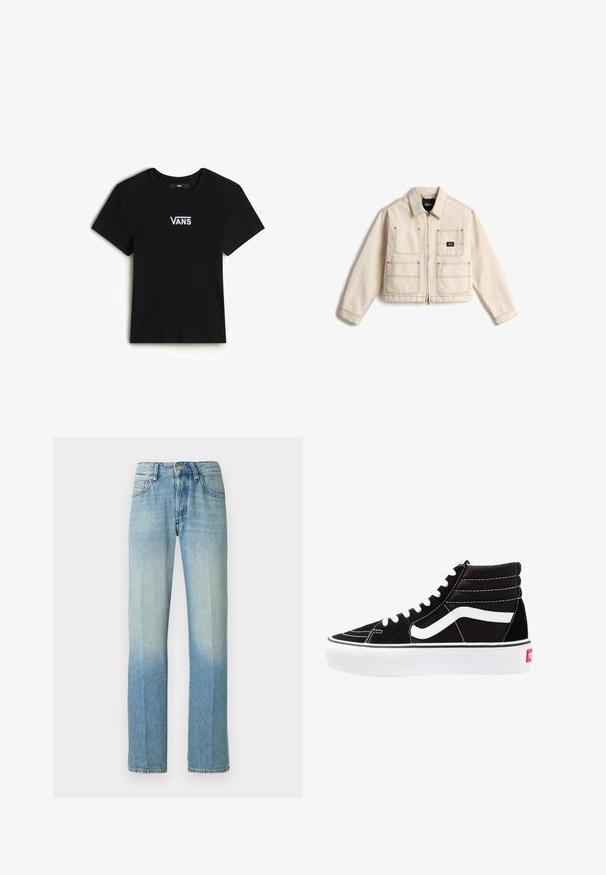 Hellbeige Reißverschlussjacke mit vier Fronttaschen, dunklen Nähten und einem kleinen schwarzen Vans-Logo-Patch auf der oberen rechten Tasche.; Vans CAMERON - T-Shirt basic - black; Hellblaue Jeans aus Denim mit geradem Bein, verwaschenem Finish, fünf Taschen und Knopfverschluss. Strapazierfähiger Stoff mit sichtbaren Nähten.; Schwarze High-Top-Sneaker mit weißen Schnürsenkeln, einem weißen Logo und kontrastierendem weißen Nähten. Verfügt über eine dicke weiße Sohle und ein strukturiertes Wildleder-Obermaterial.