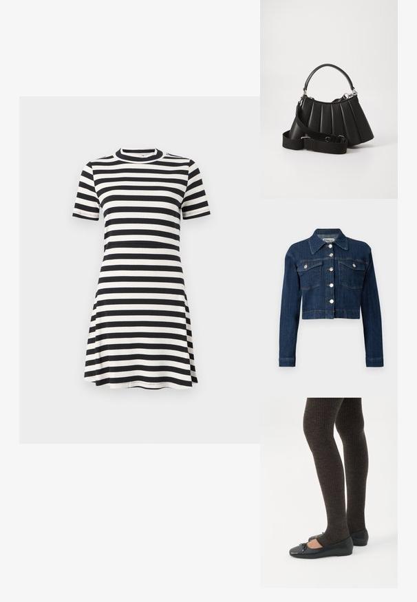 Donker denim cropped jack, met een puntige kraag, zilveren knopen en twee borstzakken met kleppen. Glad textuur met subtiele stikseldetails.; Zwart-wit gestreepte jurk met ribbelstructuur, korte mouwen, een hoge halslijn en een uitlopende silhoeët, die een casual stijl biedt.; Benen met donkere geribbelde leggings gecombineerd met zwarte ballerina's met kleine strikdetails op een witte achtergrond.; Zwarte geplooide handtas met een ronde handgreep, verstelbare schouderriem en glanzende textuur. Heeft zilveren hardware en een gestructureerde silhoutte.