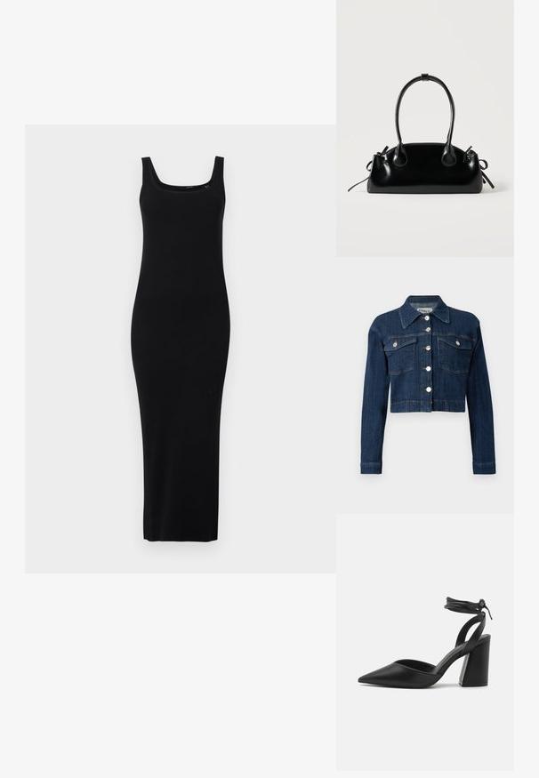 Donker denim cropped jack, met een puntige kraag, zilveren knopen en twee borstzakken met kleppen. Glad textuur met subtiele stikseldetails.; Zwarte, aangesloten maxi-jurk van ribbreiselstof, met een vierkante halslijn en brede schouderbanden, met een zachte textuur aan de aanraking.; Zwarte pumps met spitse neus, een stevige blokhak, gemaakt van glad leer en voorzien van een verstelbare enkelband voor een veilige pasvorm.; Kleine zwarte glanzende handtas met twee lange hengsels en zijkant trekkoord details op een effen lichte achtergrond.